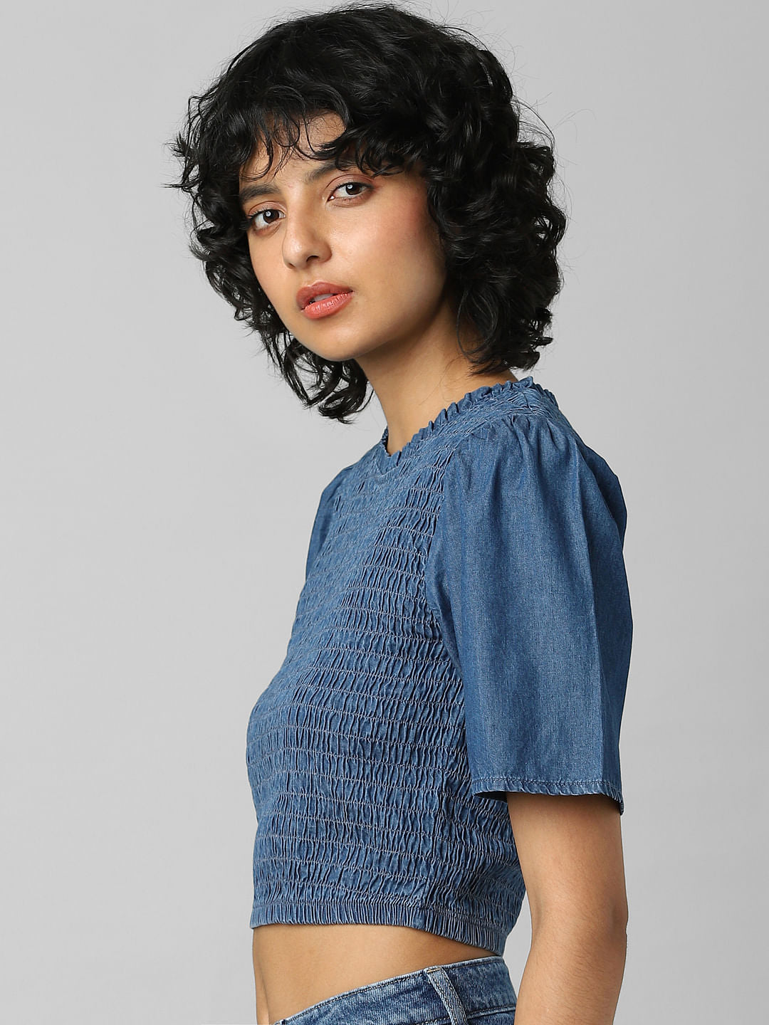 Blue Smocked Denim Top
