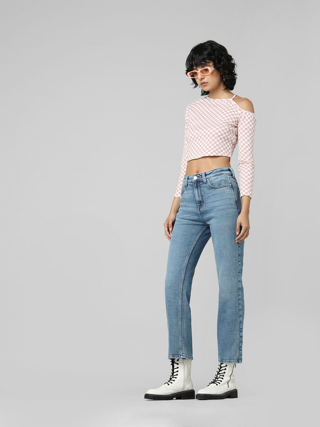 Blue Mid Rise Cropped Flared Jeans