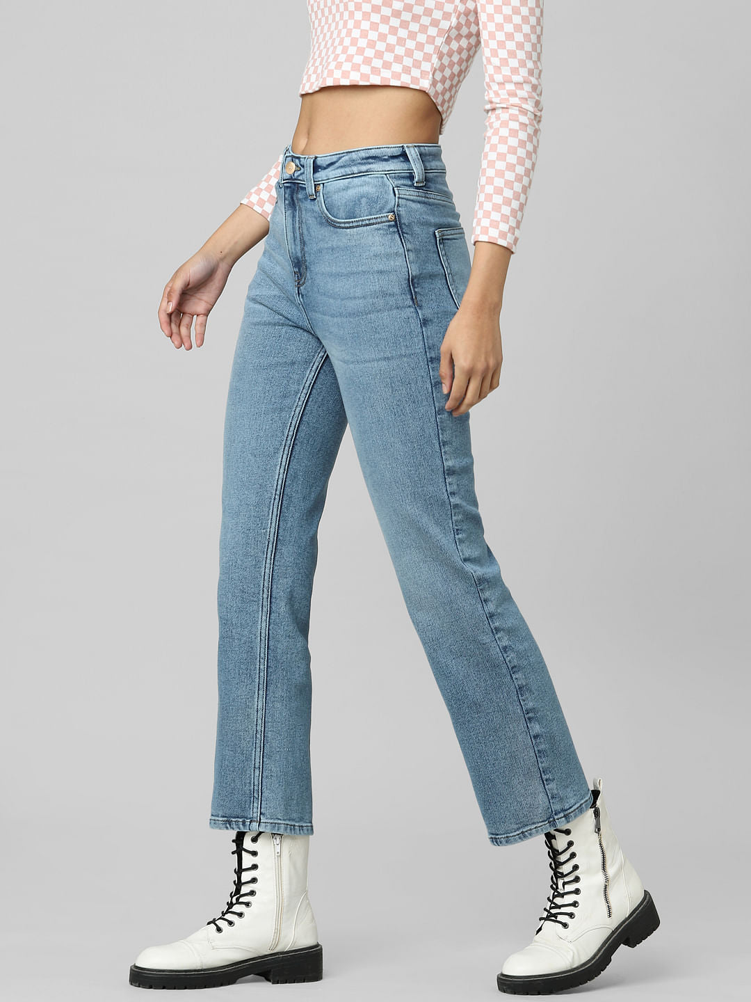 Blue Mid Rise Cropped Flared Jeans