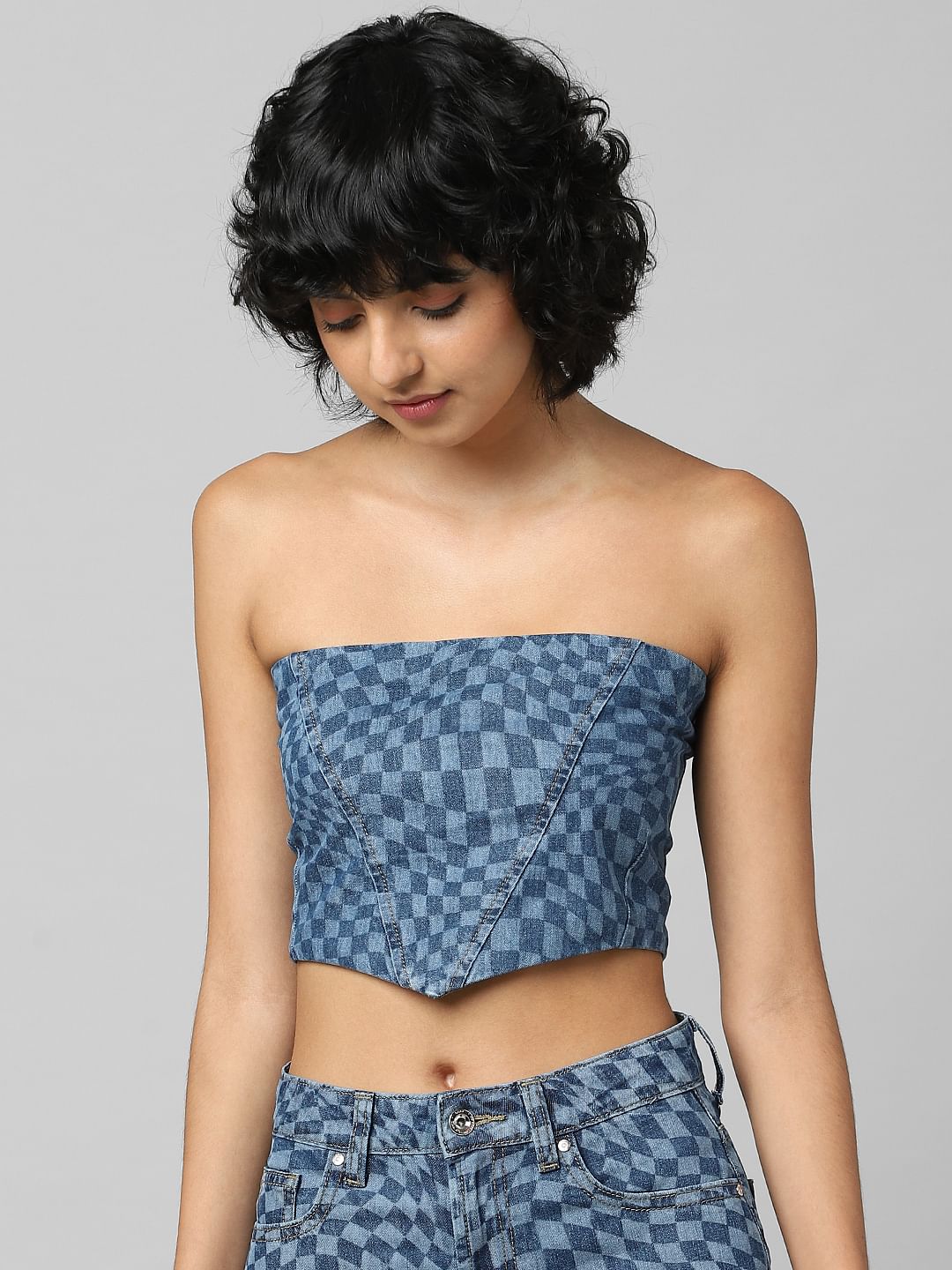 Blue Printed Denim Co-Ord Corset
