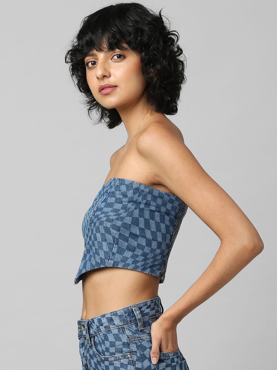 Blue Printed Denim Co-Ord Corset