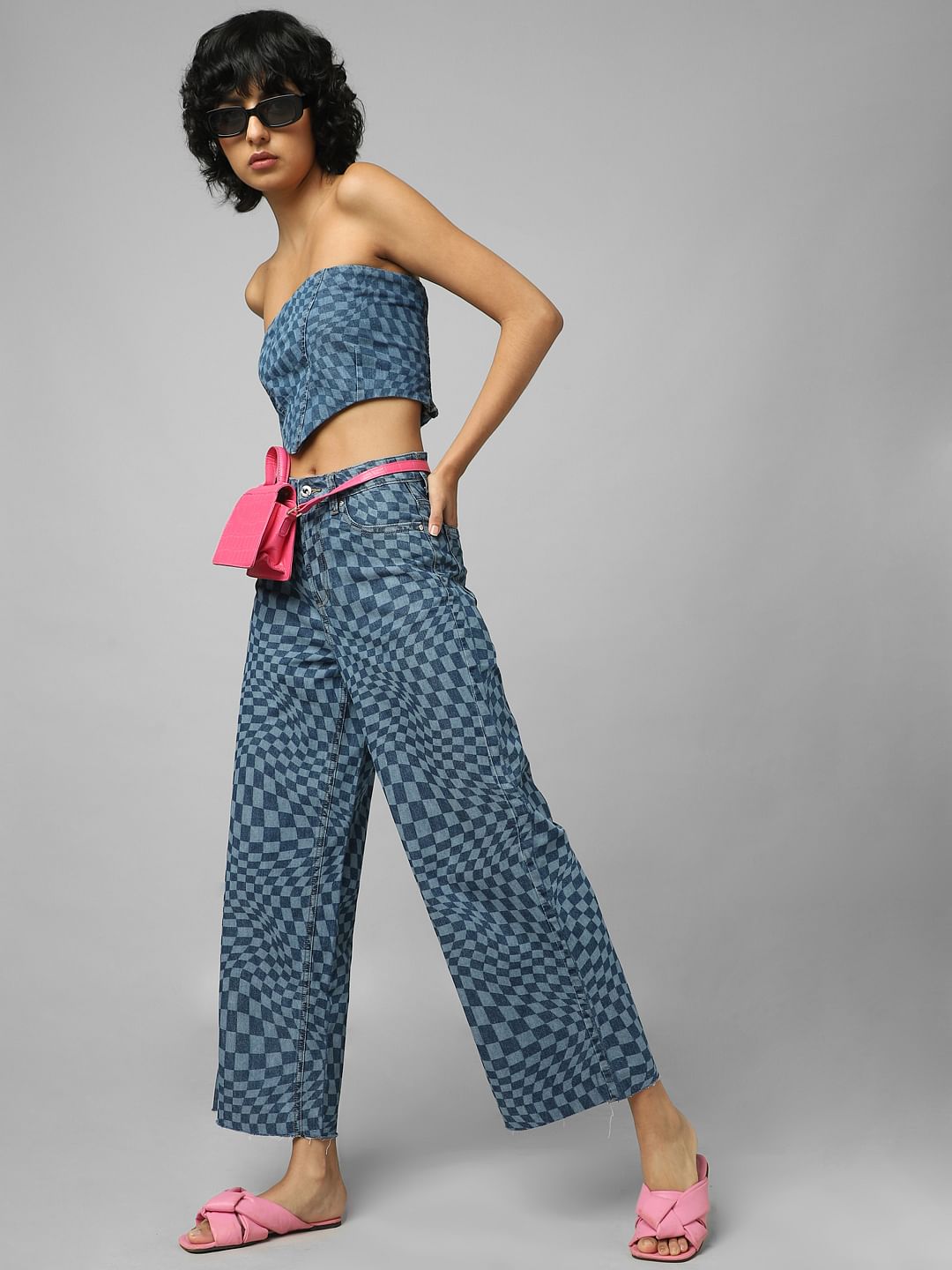 Blue Mid Rise Illusion Print Wide Leg Jeans