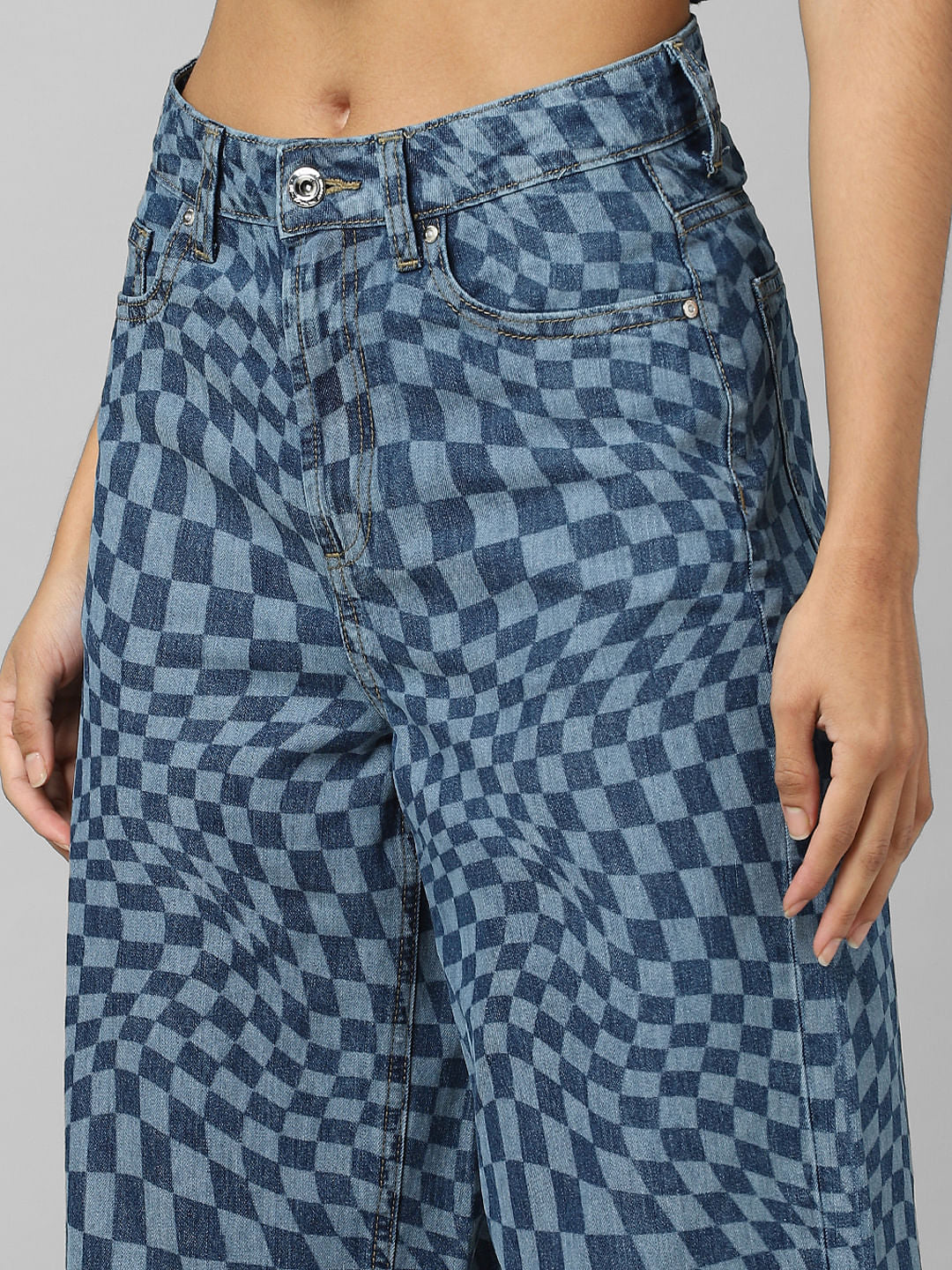 Blue Mid Rise Illusion Print Wide Leg Jeans