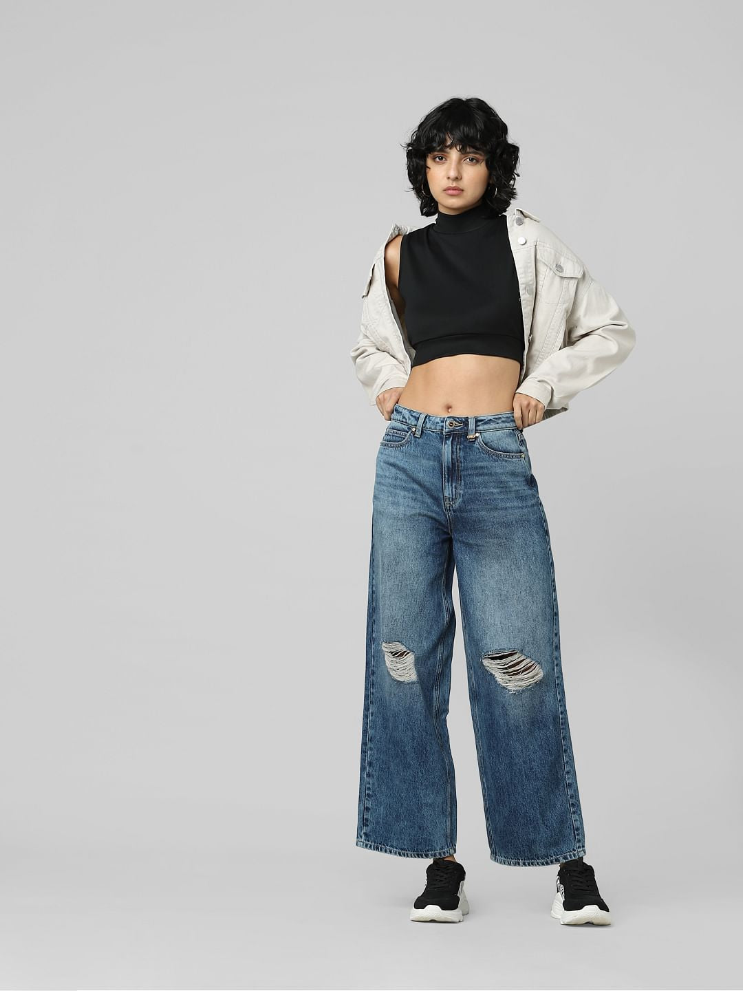 Blue High Rise Distressed Wide Leg Jeans