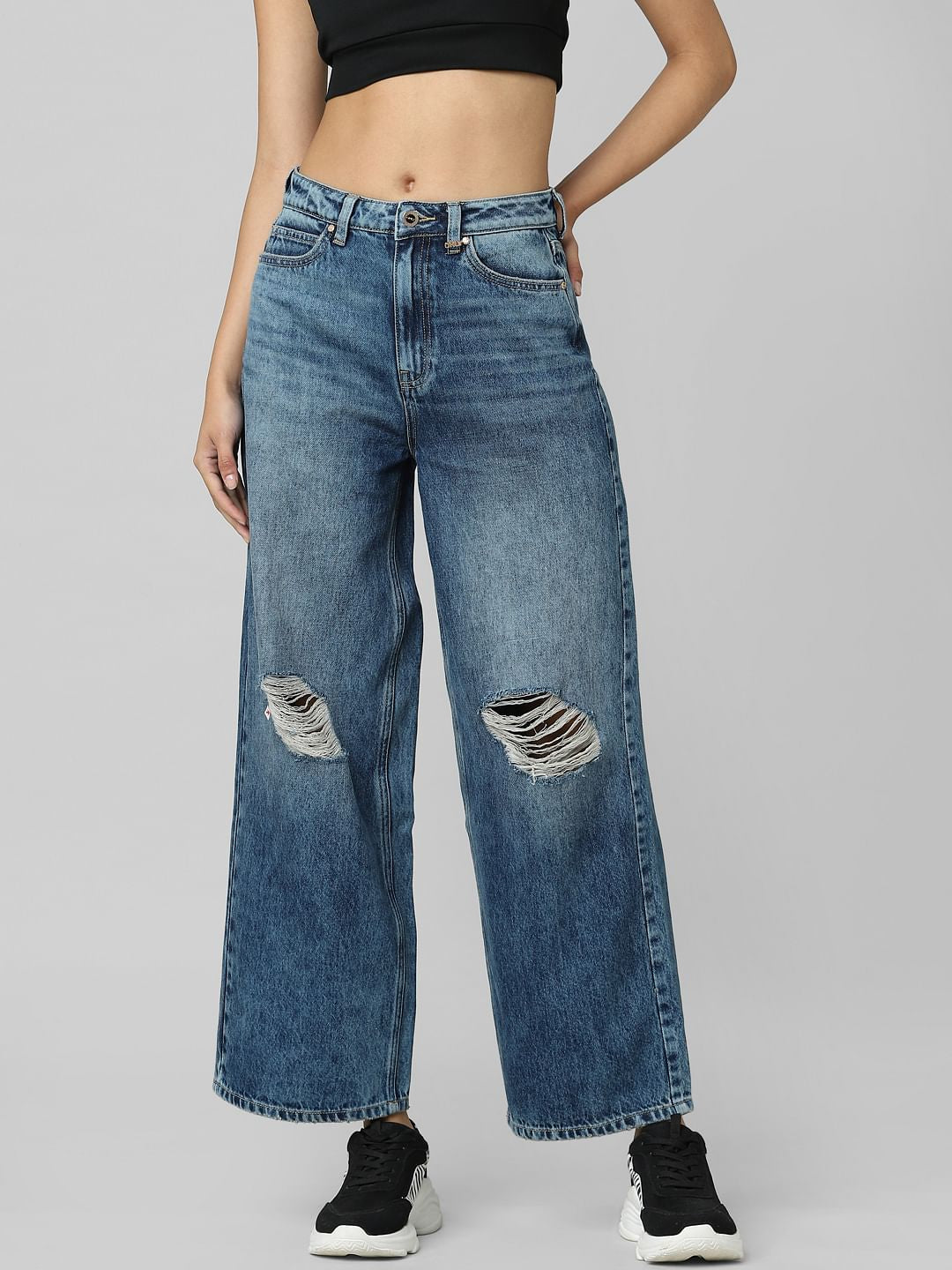 Blue High Rise Distressed Wide Leg Jeans