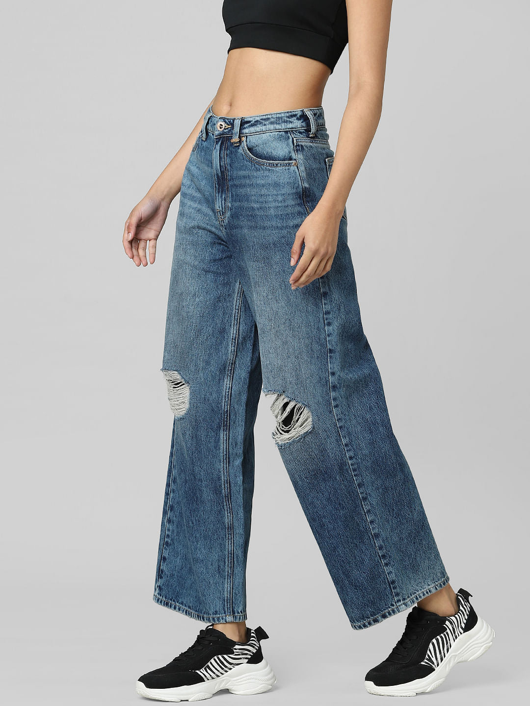 Blue High Rise Distressed Wide Leg Jeans