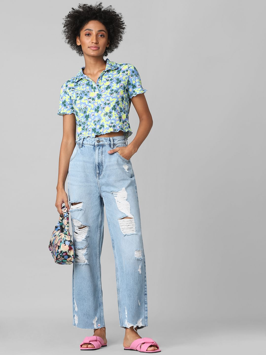 Light Blue High Rise Distressed Dad Fit Jeans