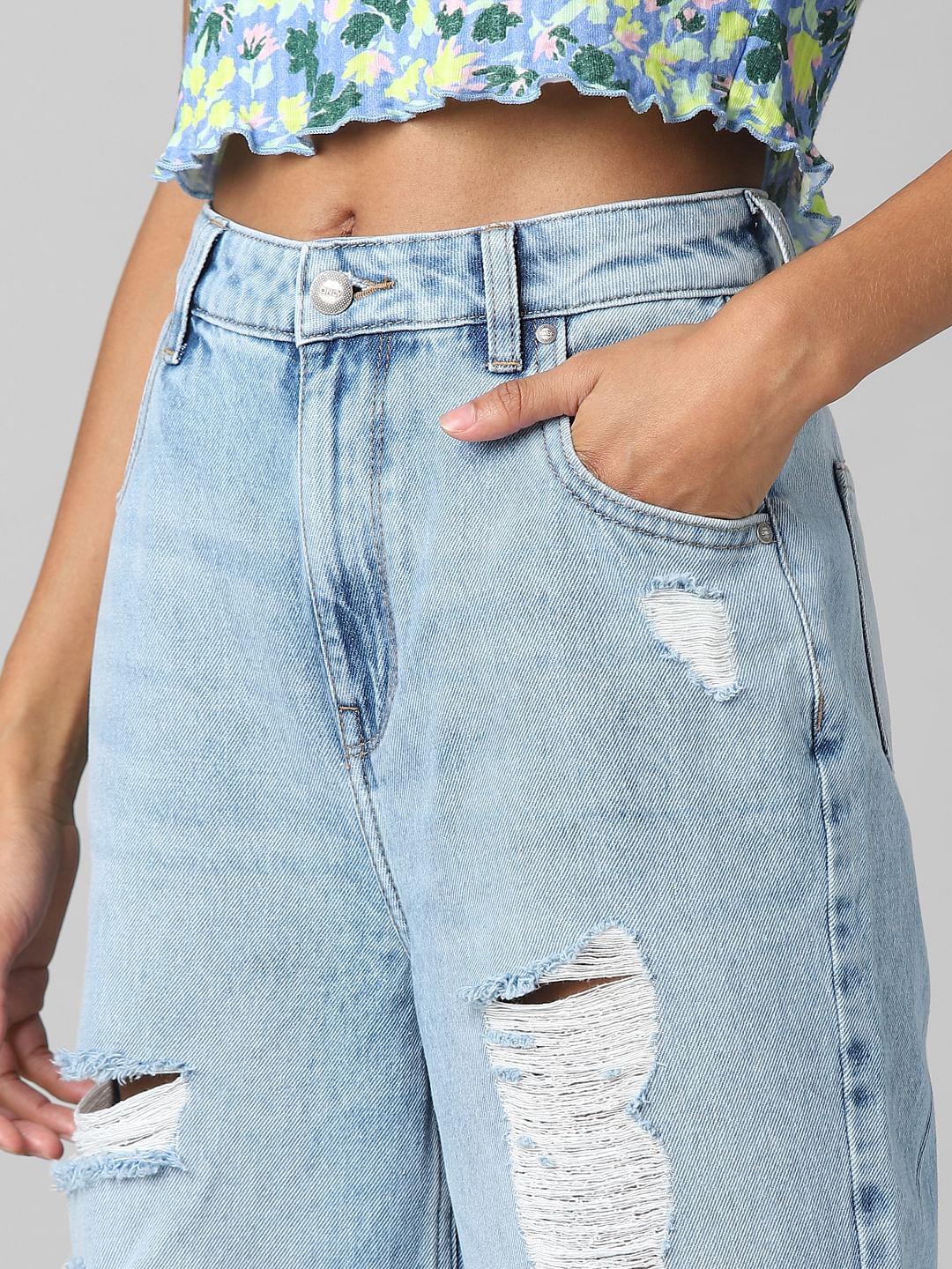 Light Blue High Rise Distressed Dad Fit Jeans