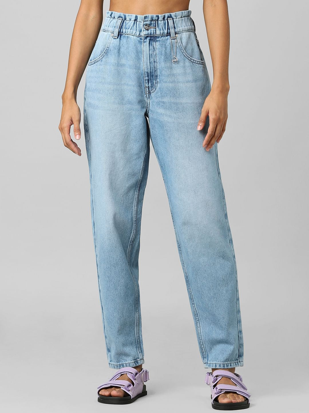 Light Blue High Rise Paperbag Straight Jeans