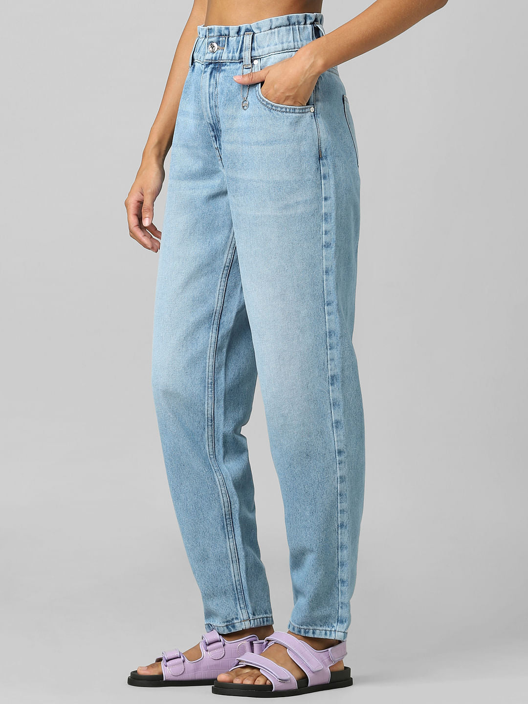 Light Blue High Rise Paperbag Straight Jeans