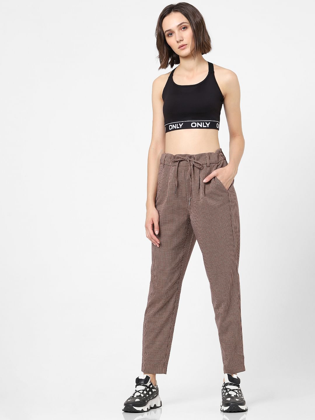 Brown Check Straight Leg Trousers