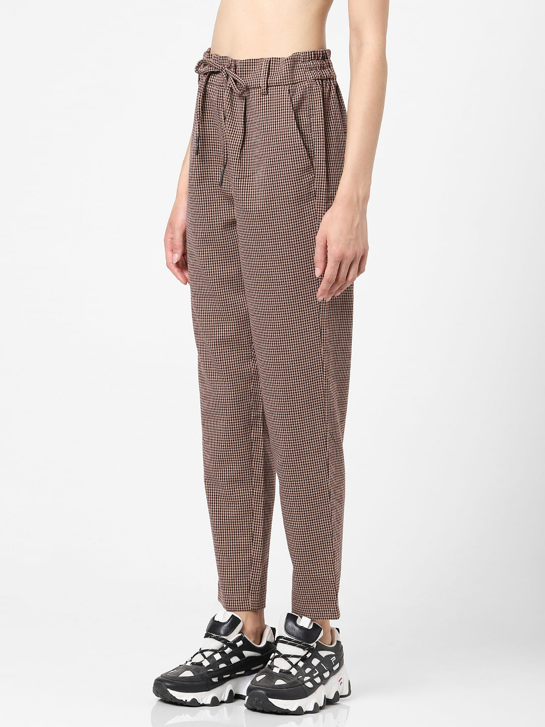 Brown Check Straight Leg Trousers