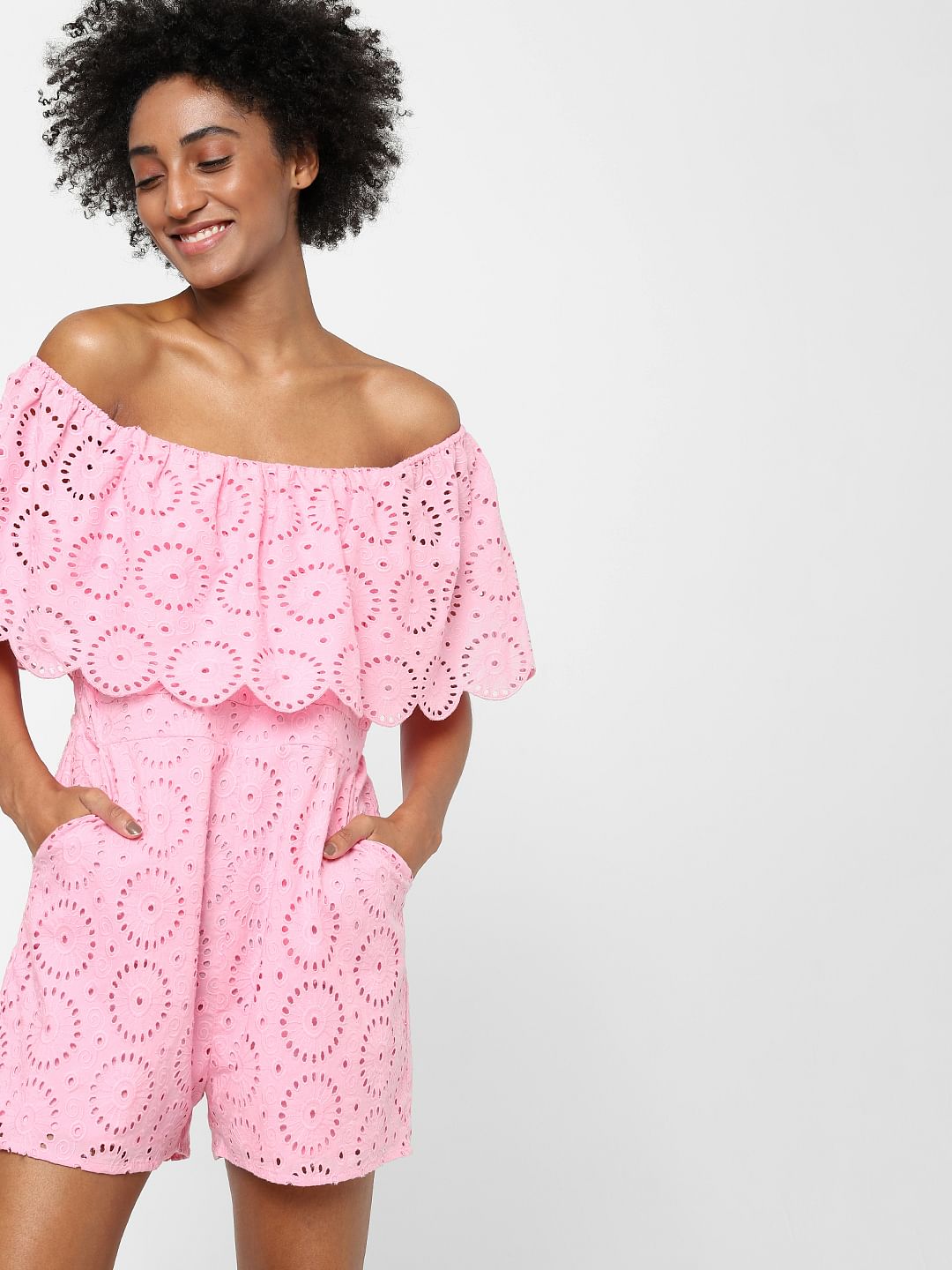 Pink Schiffli Embroidered Playsuit