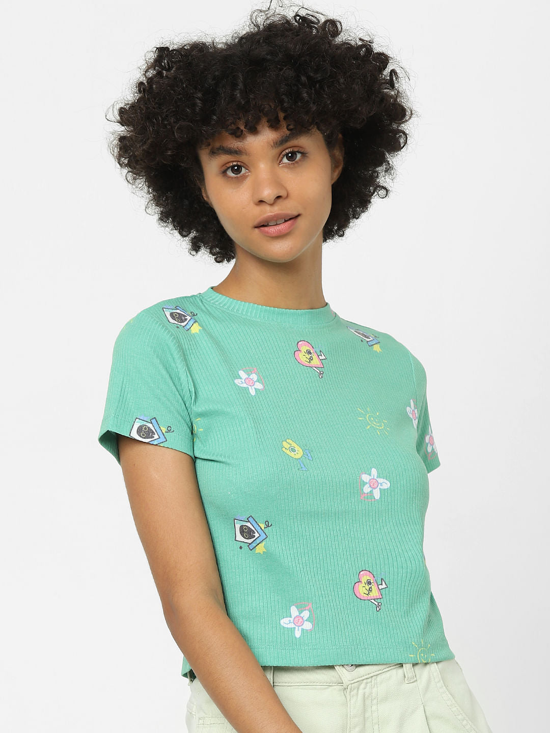 Green Graphic Print Cropped Top