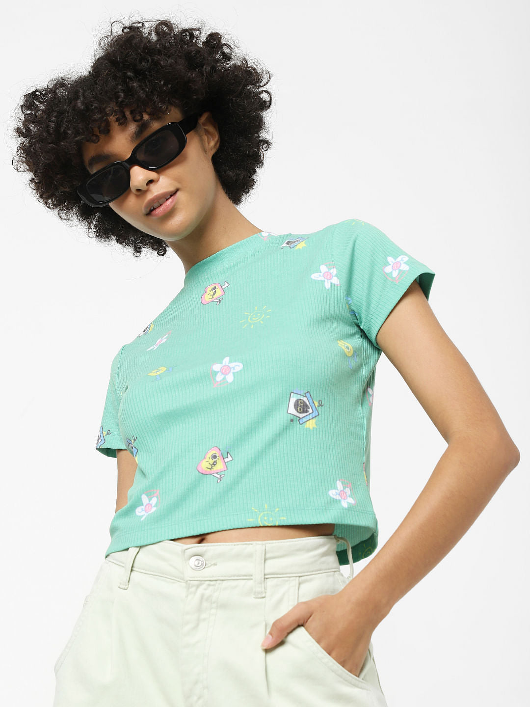 Green Graphic Print Cropped Top