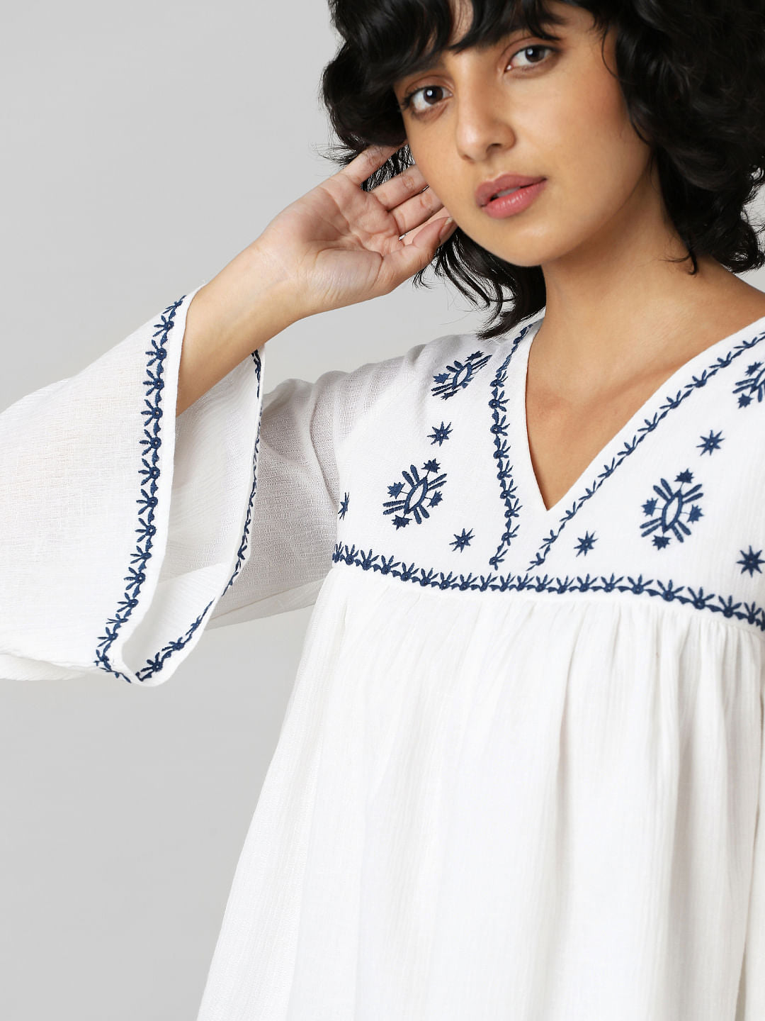White Embroidered Wide Sleeves Top