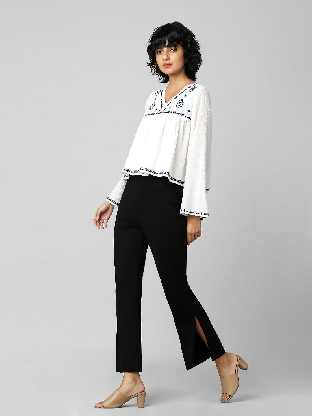 White Embroidered Wide Sleeves Top
