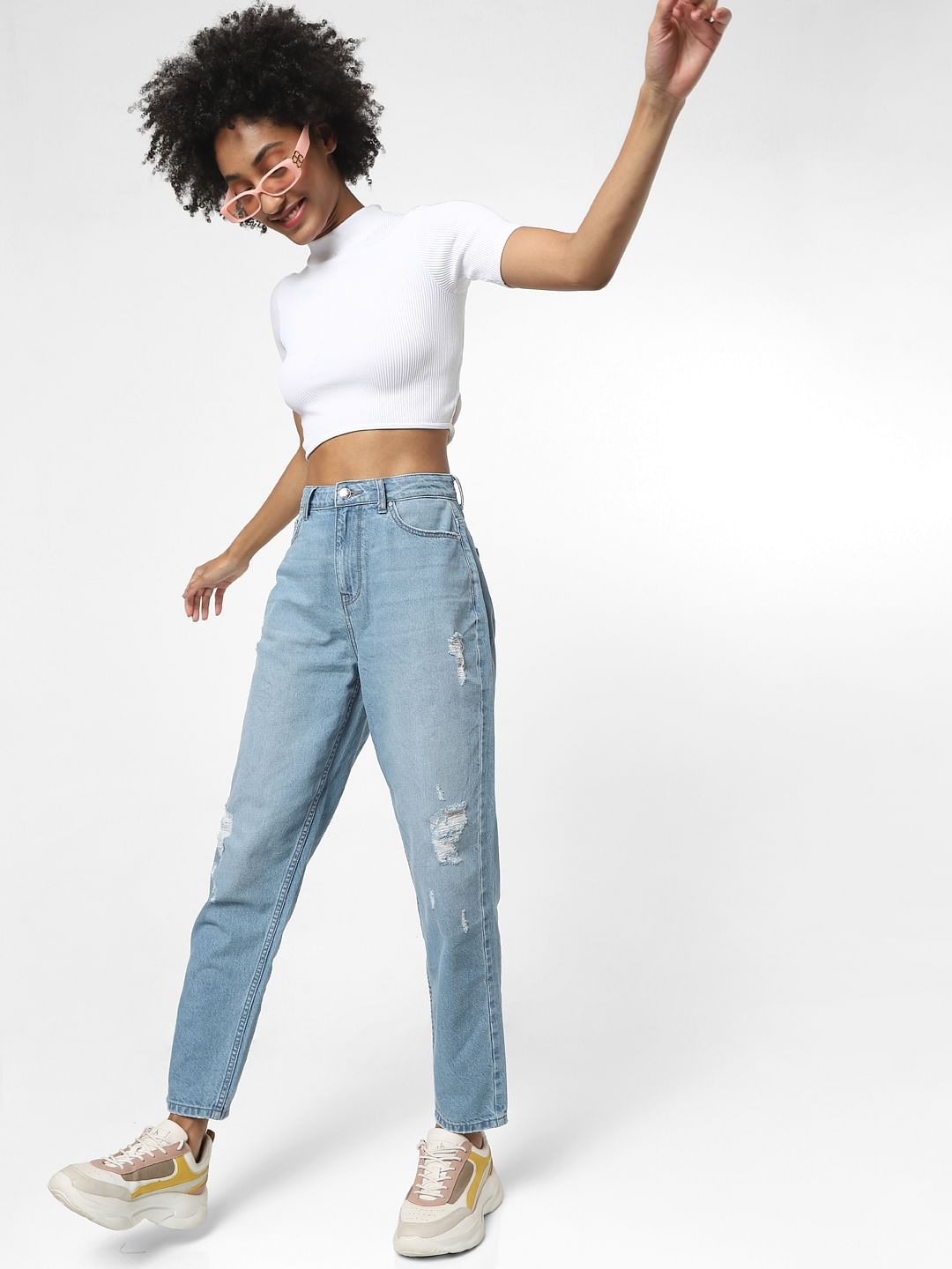 Blue High Rise Ripped Mom Jeans