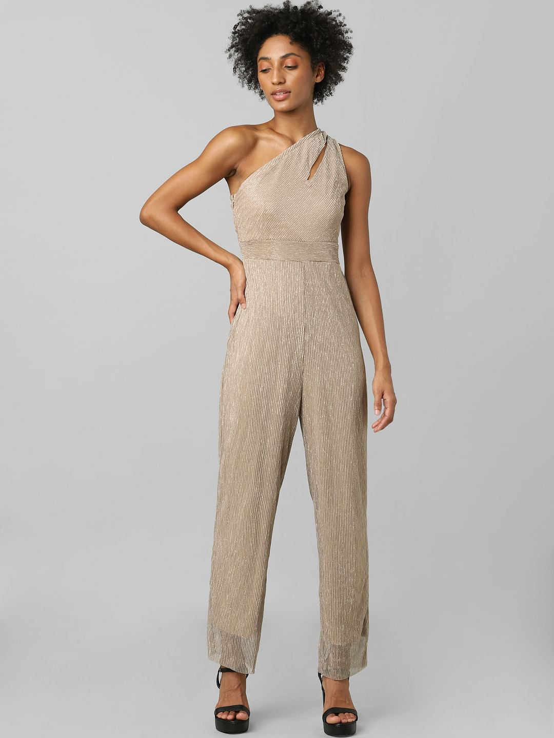 Beige One-Shoulder Jumpsuit