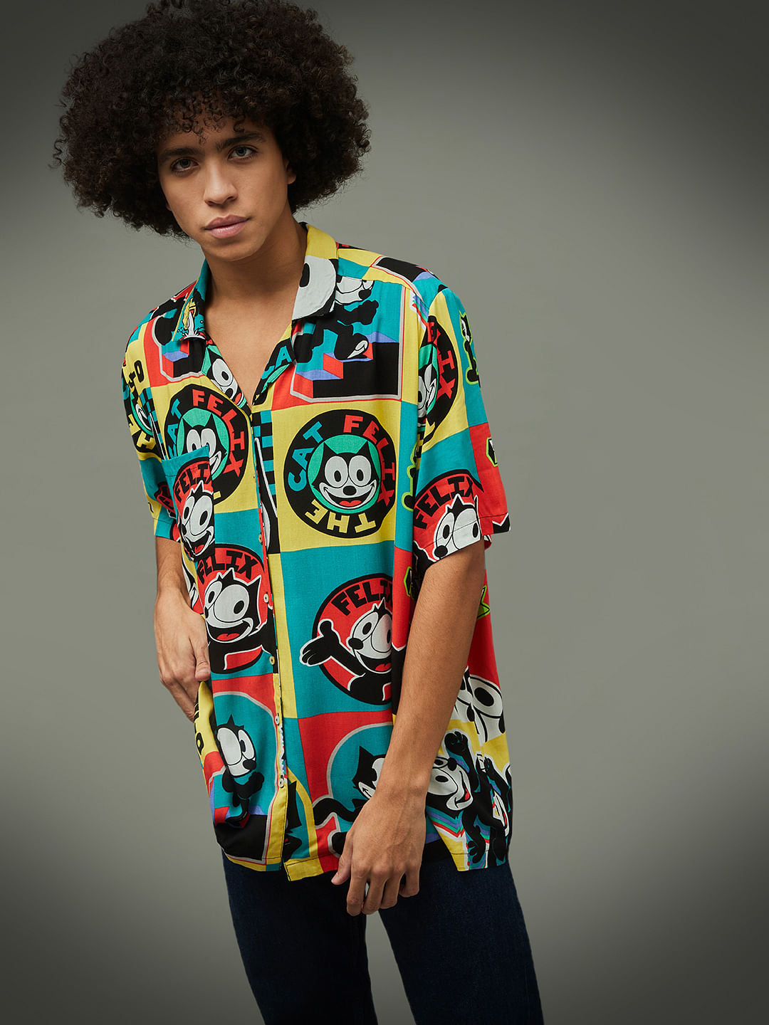 Only X Felix The Cat Black Colourblocked Unisex Shirt