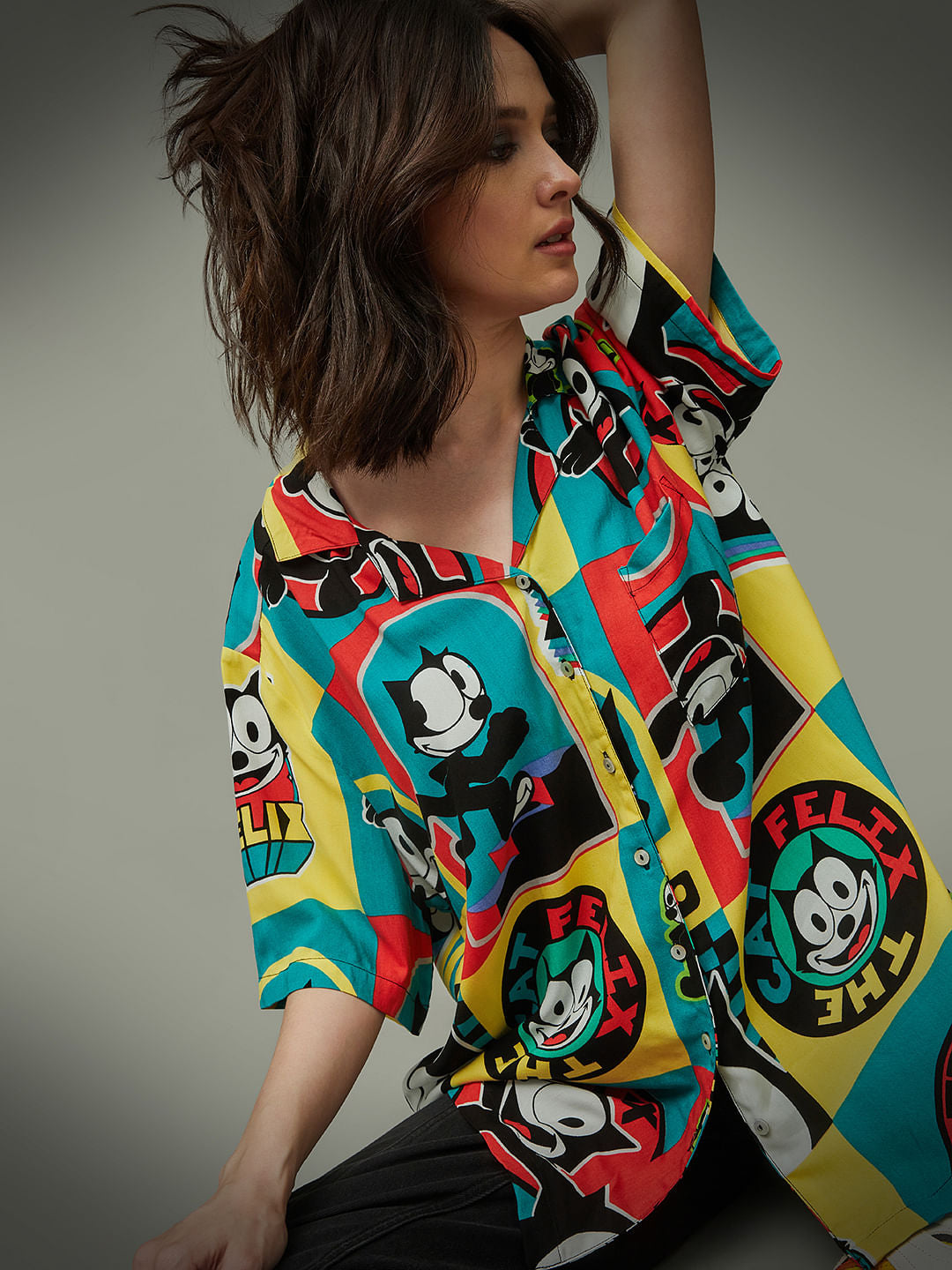 Only X Felix The Cat Black Colourblocked Unisex Shirt