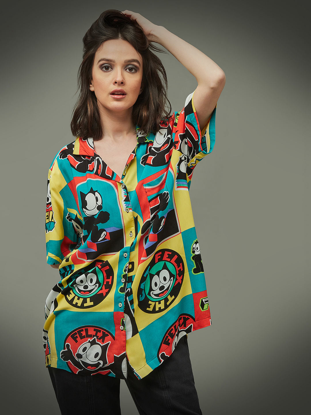 Only X Felix The Cat Black Colourblocked Unisex Shirt