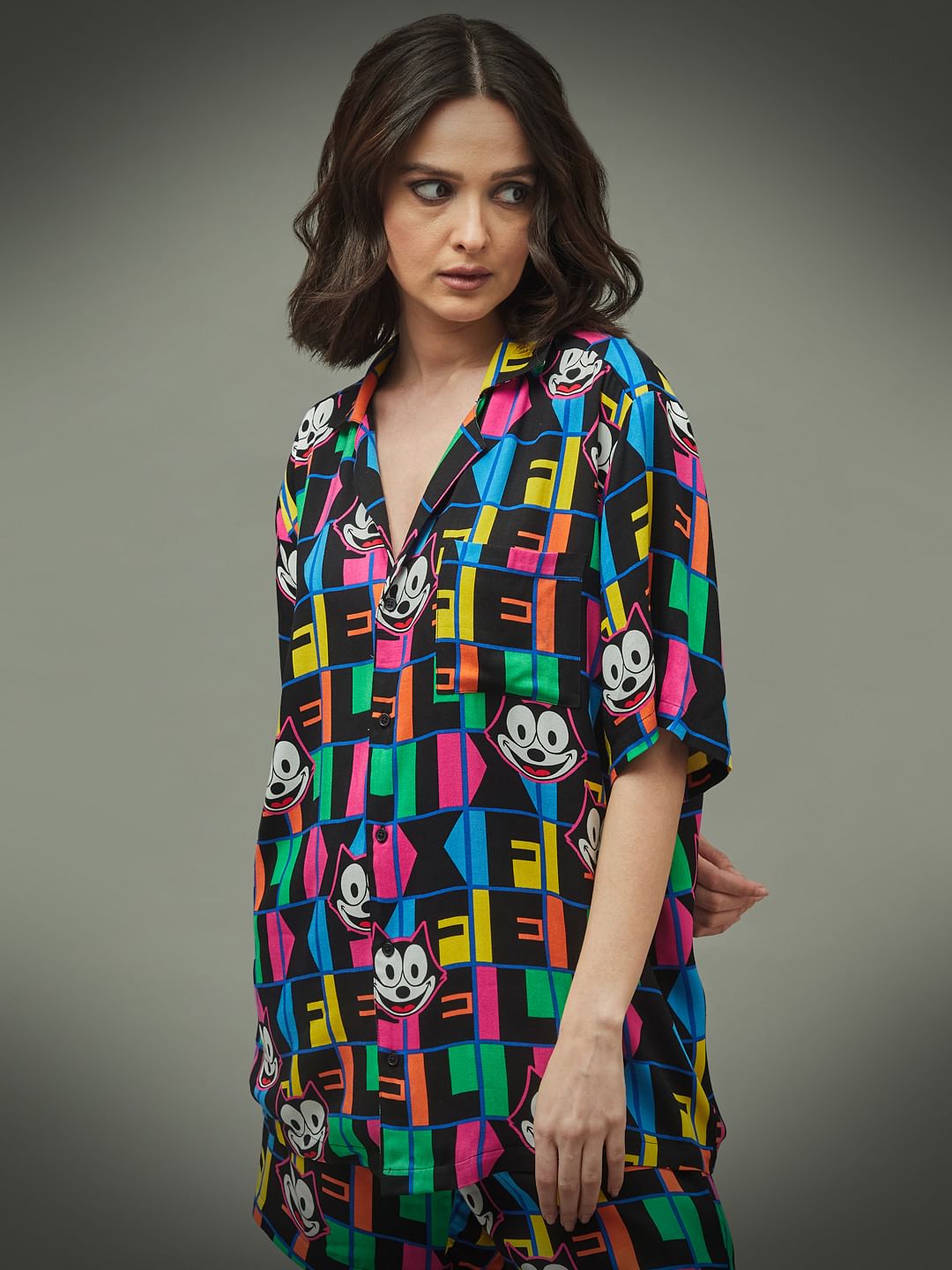 Only X Felix The Cat Black Printed Unisex Co-Ord Shirt