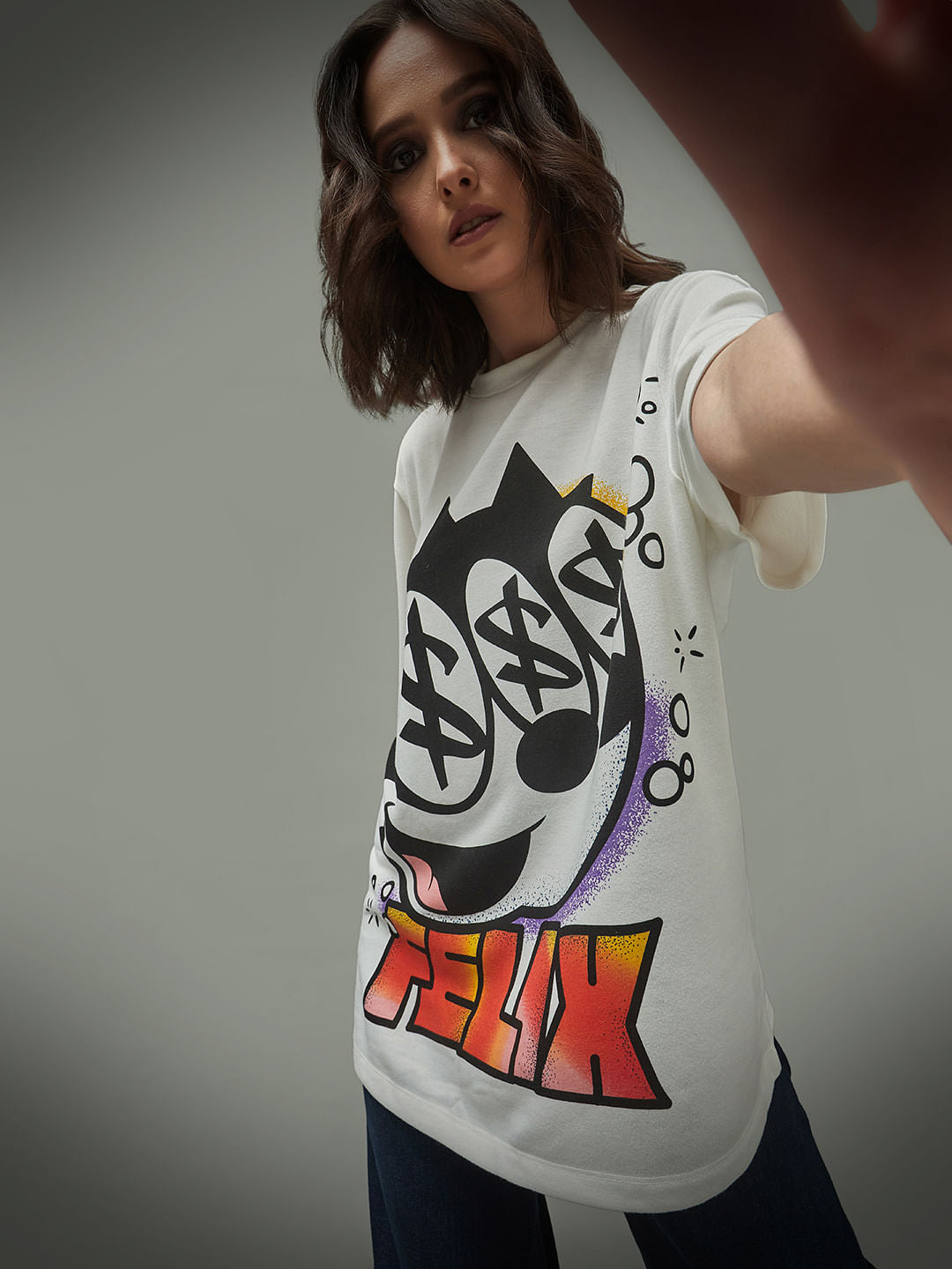 Only X Felix The Cat White Graphic Print Unisex T-Shirt