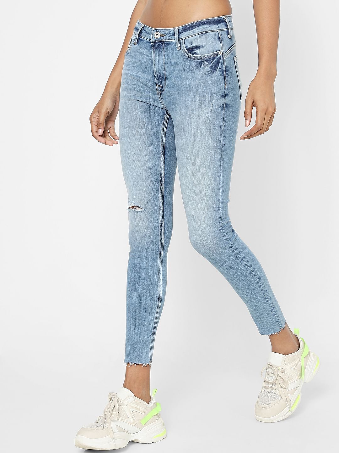 Blue Mid Rise Ripped Skinny Jeans
