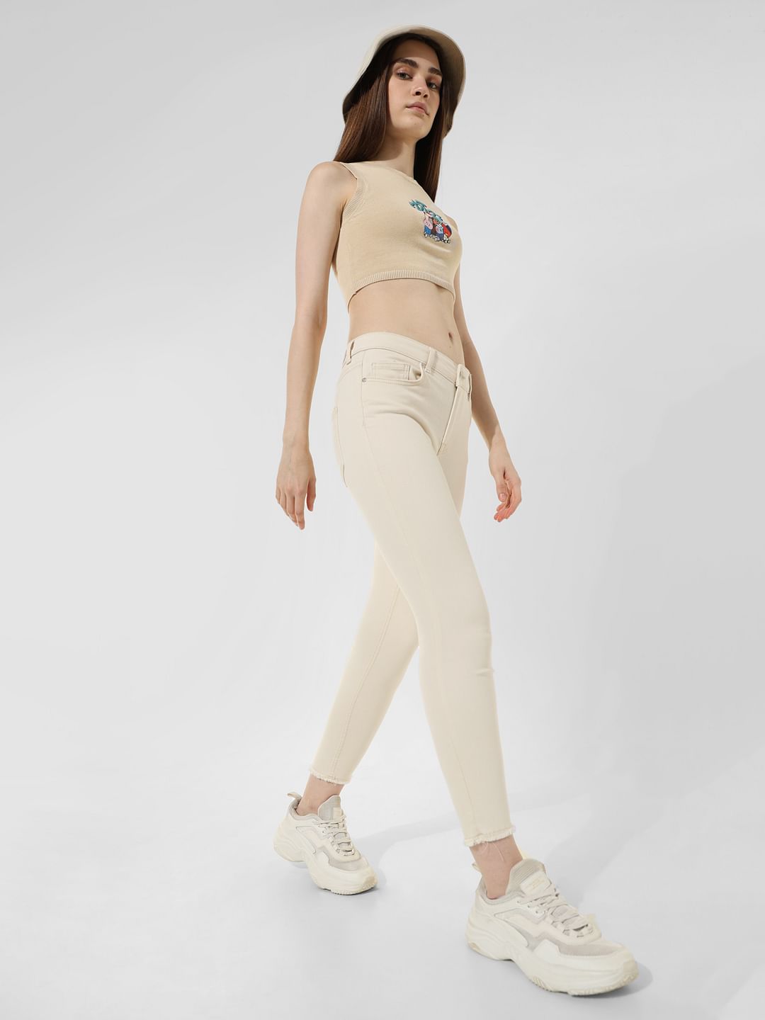 Ecru Mid Rise Skinny Fit Jeans