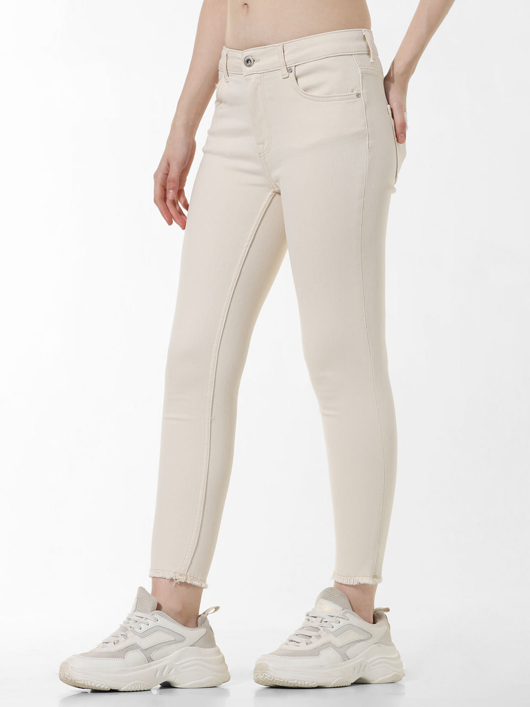 Ecru Mid Rise Skinny Fit Jeans