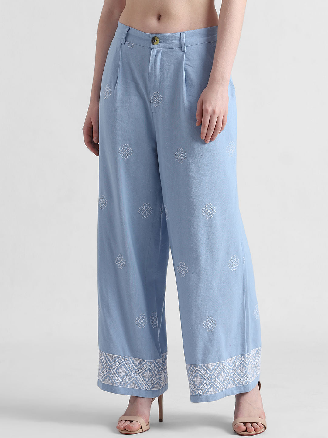 Blue Mid Rise Embroidered Pants