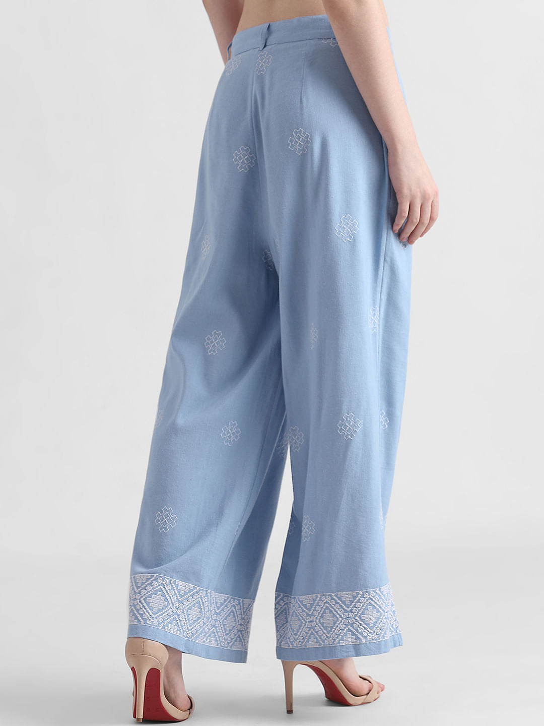 Blue Mid Rise Embroidered Pants