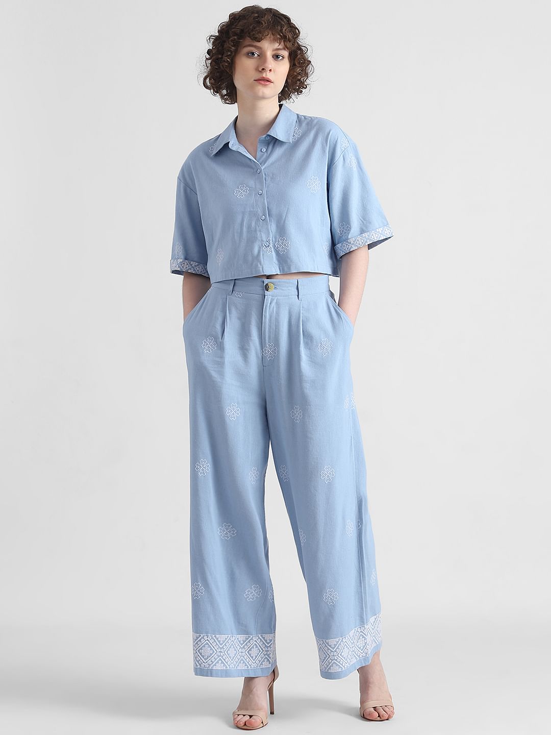 Blue Embroidered Cropped Shirt