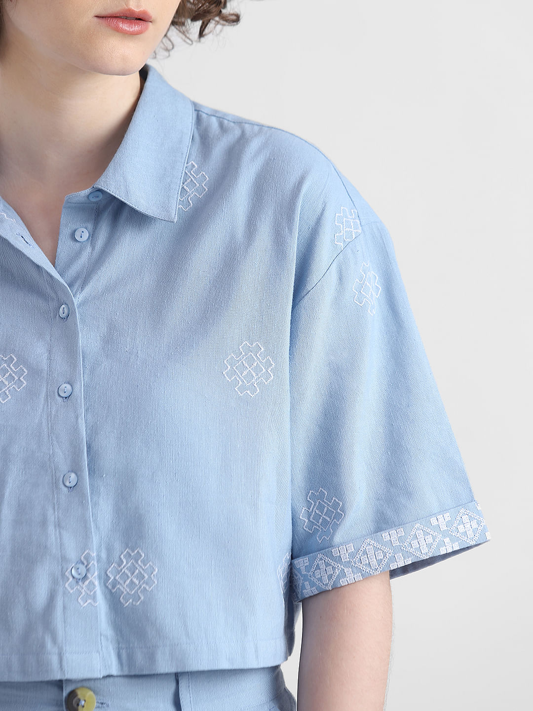 Blue Embroidered Cropped Shirt