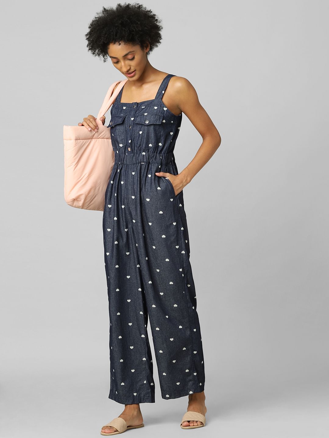 Blue Polka Dot Denim Jumpsuit