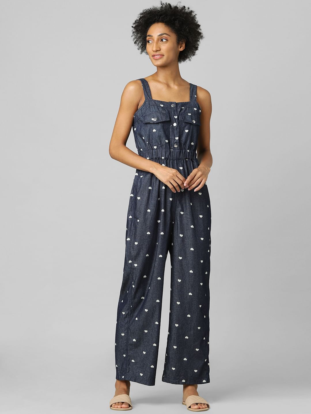 Blue Polka Dot Denim Jumpsuit