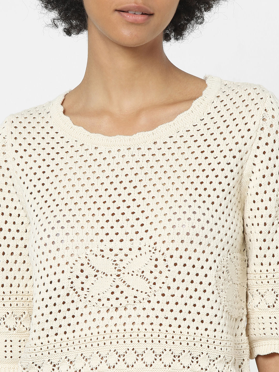 Beige Pointelle Knit Top