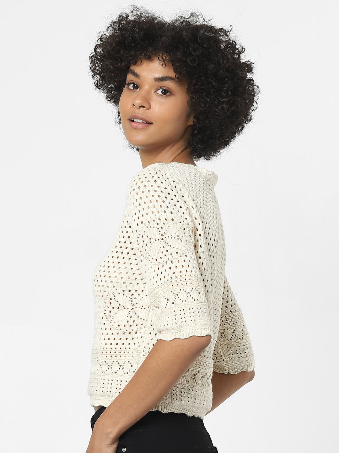 Beige Pointelle Knit Top