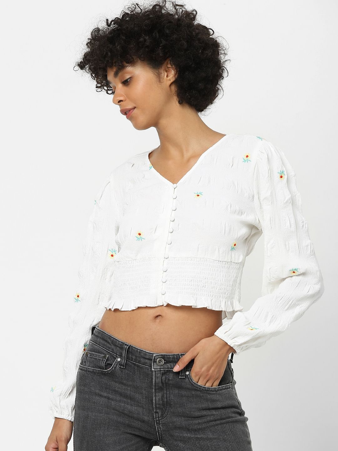 White Embroidered Cropped Top