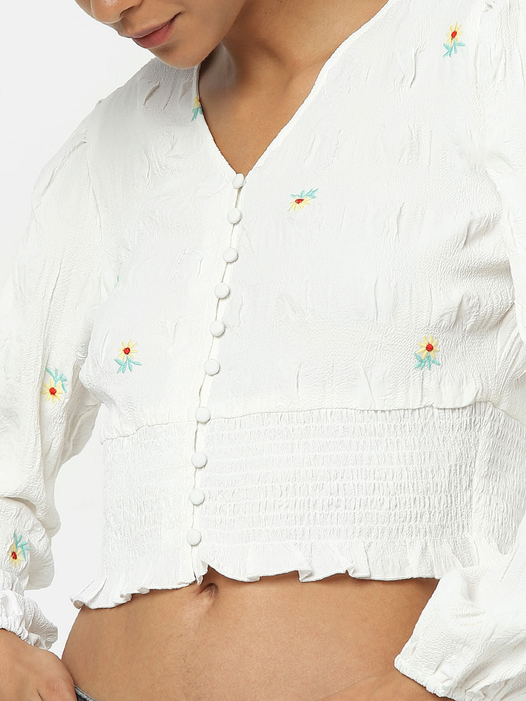 White Embroidered Cropped Top