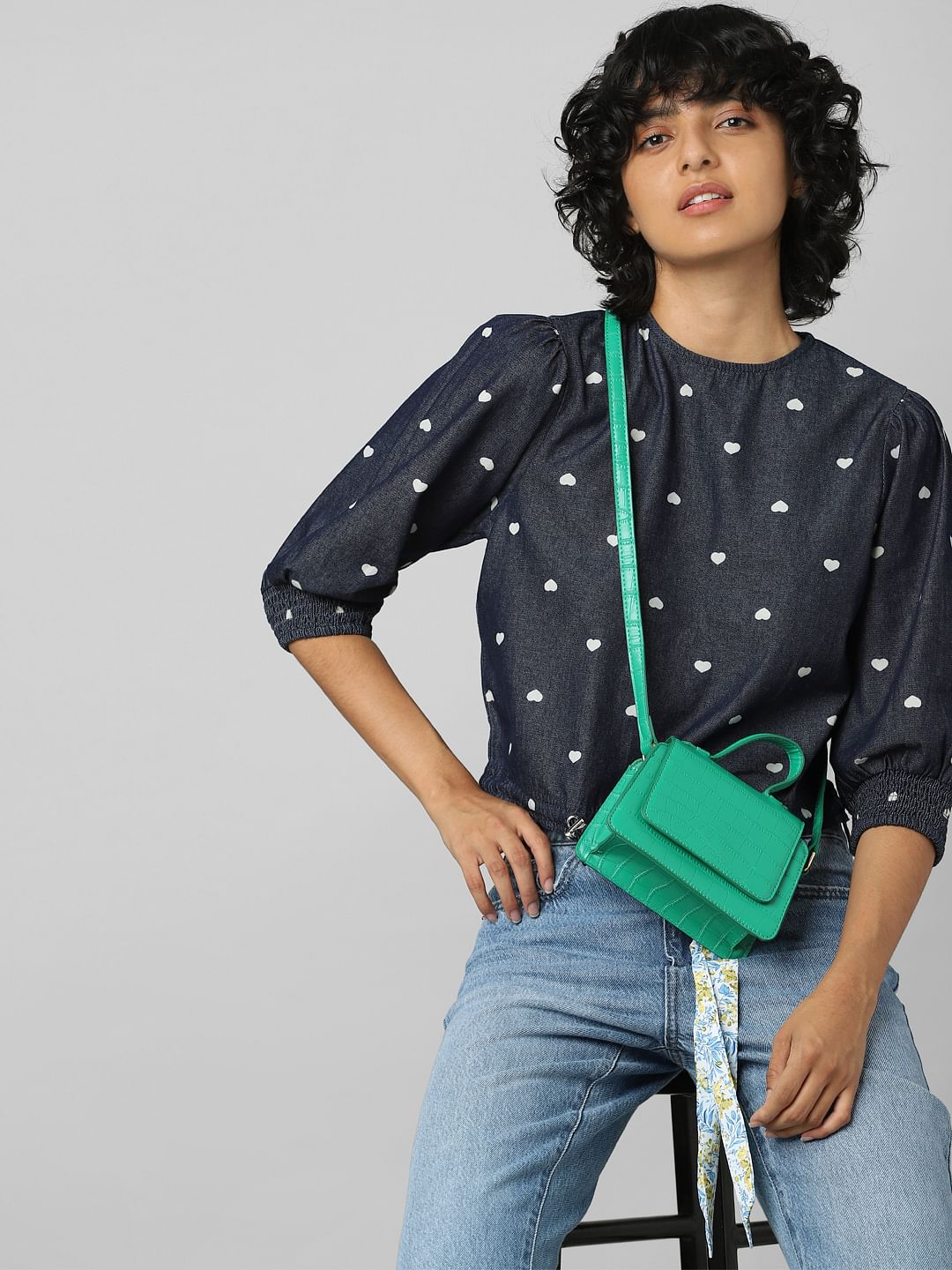 Dark Blue Polka Dot Denim Top