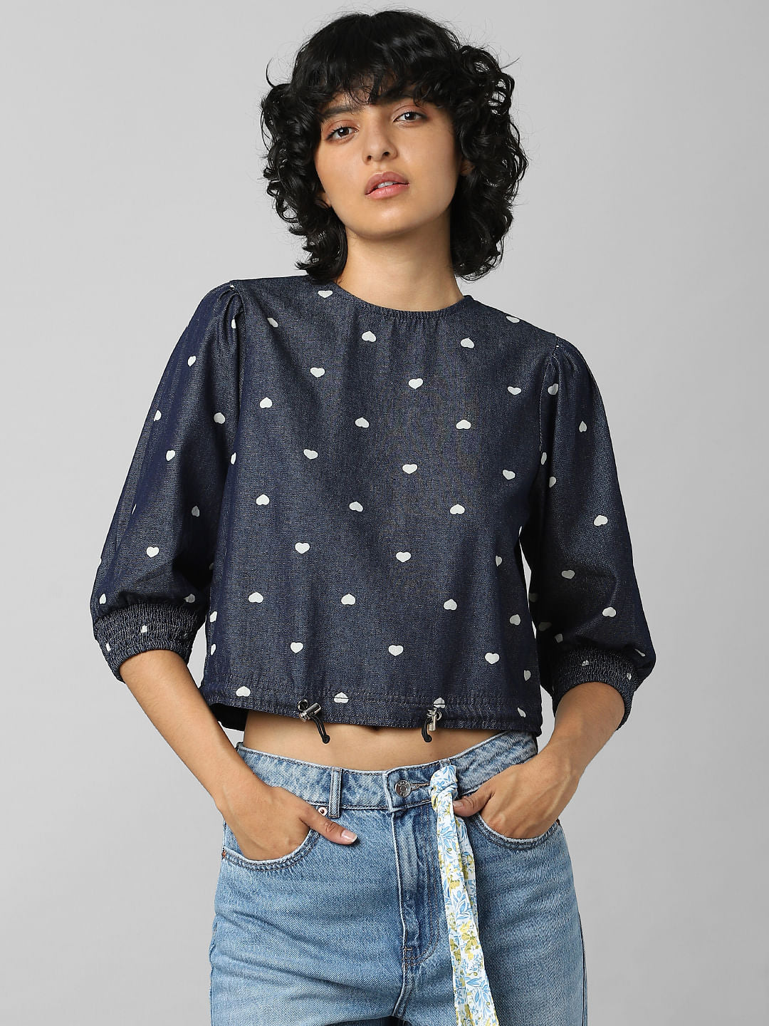 Dark Blue Polka Dot Denim Top