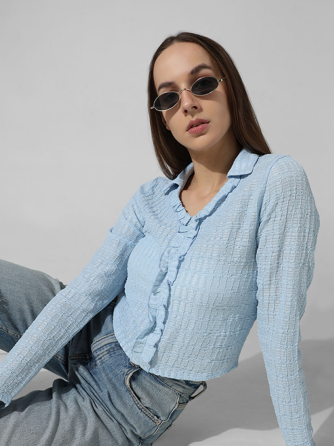 Blue Crinkled Frill Front Shirt