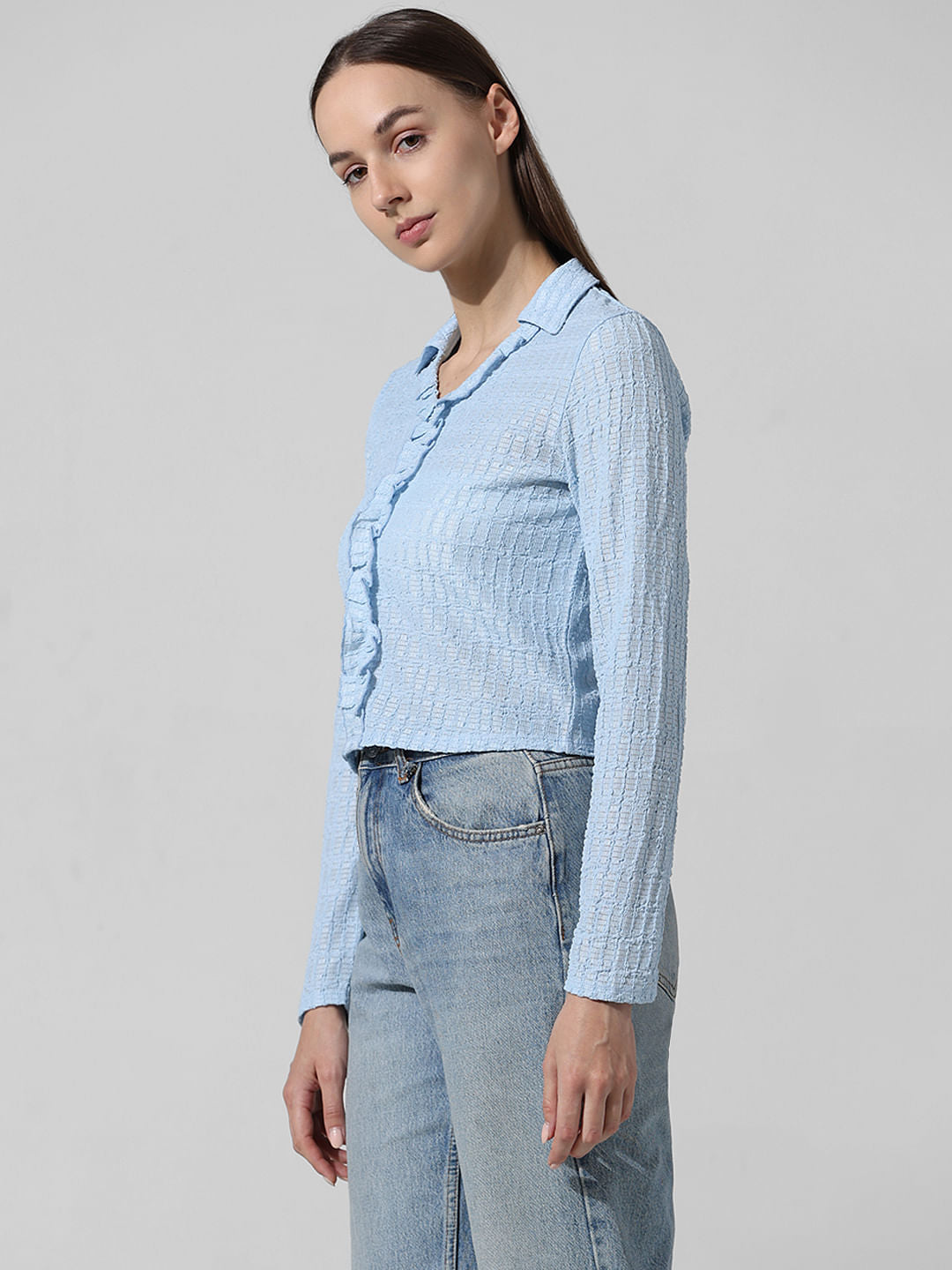 Blue Crinkled Frill Front Shirt