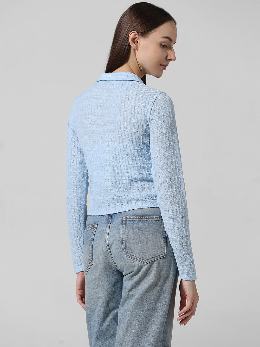 Blue Crinkled Frill Front Shirt