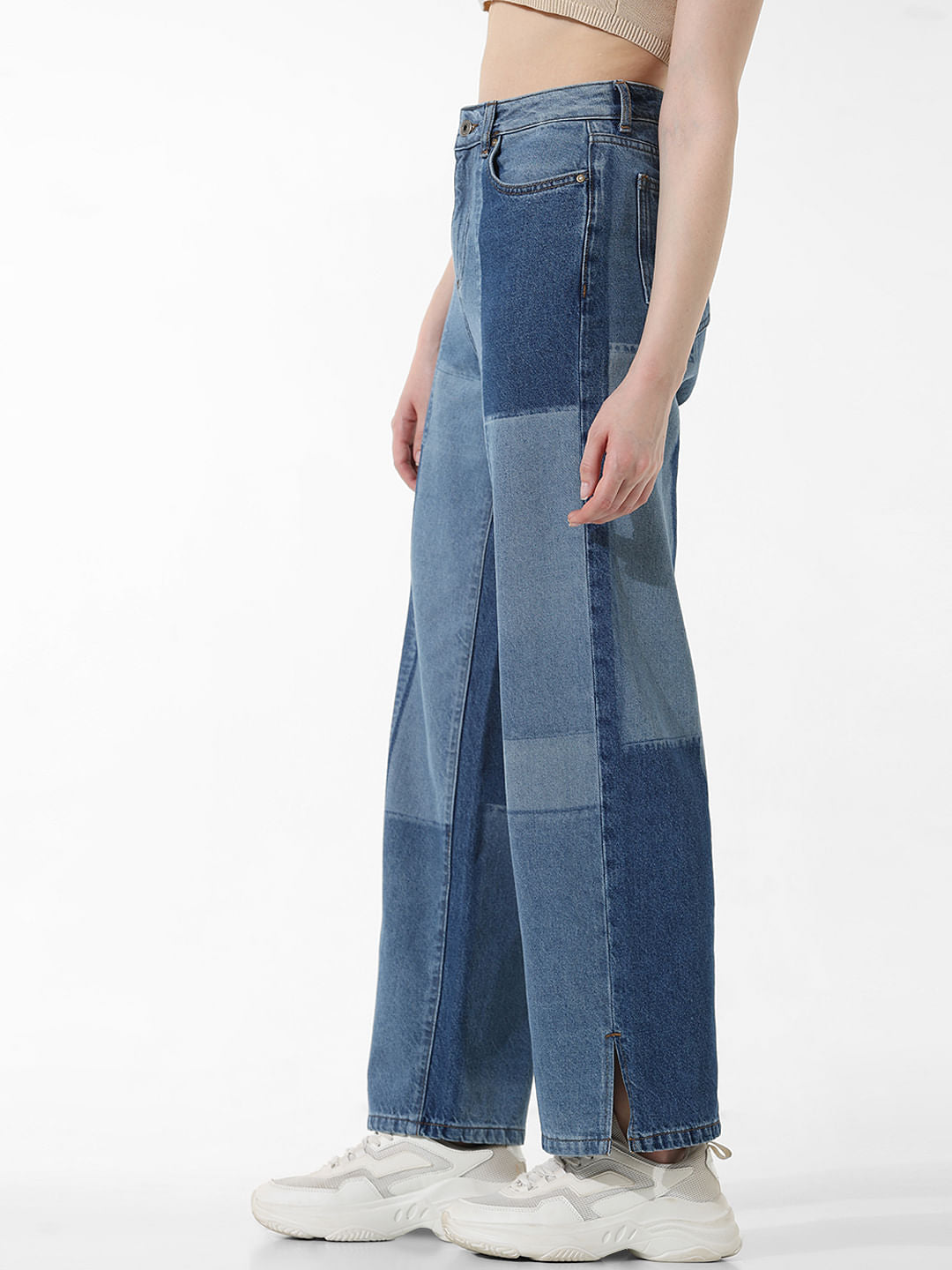 Light Blue High Rise Patchwork Straight Fit Jeans