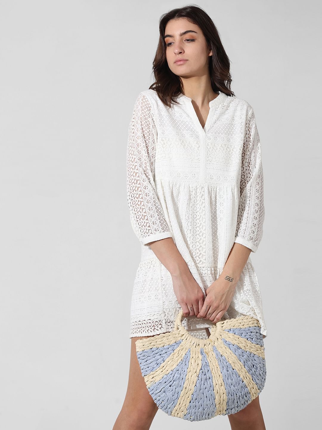 White Lace Flared Dress - 34