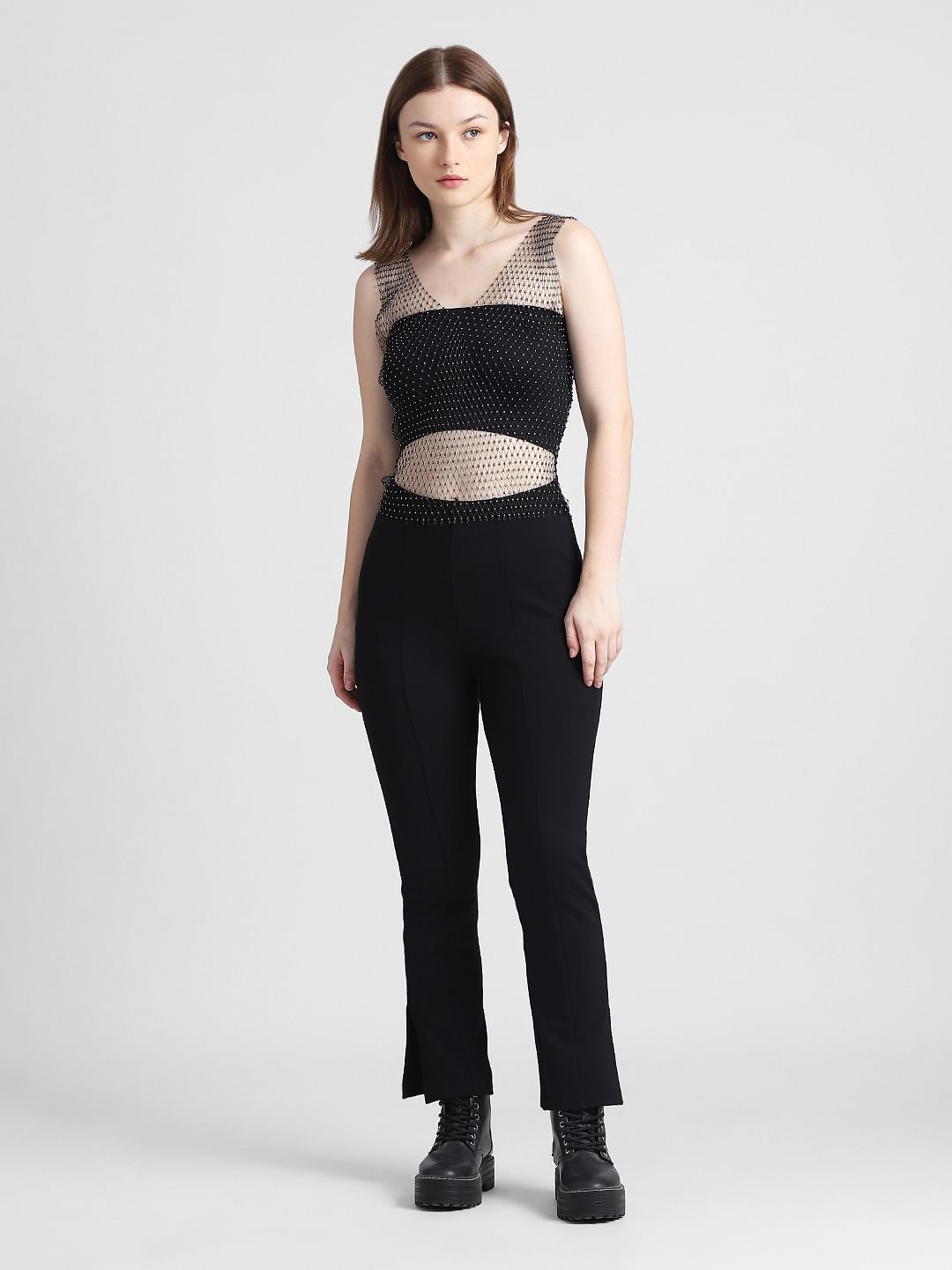 Black Embellished Net Top