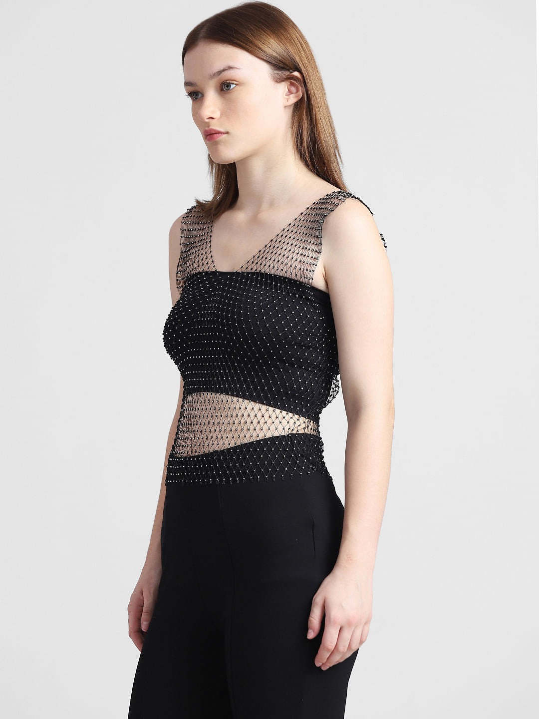 Black Embellished Net Top